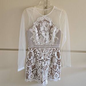 Blithe White Lace Romper, Lined with Dark Tan Mesh, NWT, M